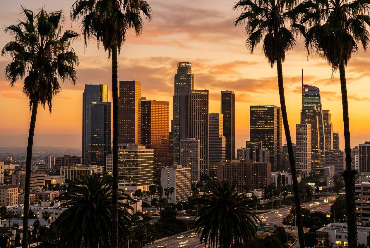 Los Angeles skyline with palm trees, California